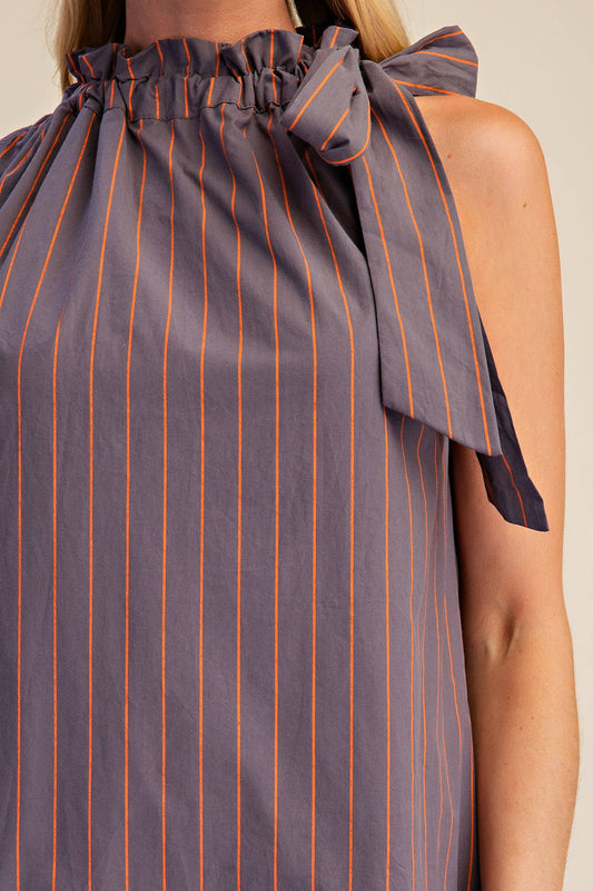 Stripe Mini Dress Ruffle Neck