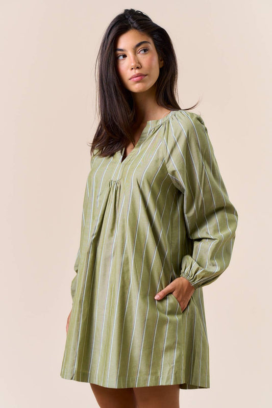 Olive Striped V-Neck Dress