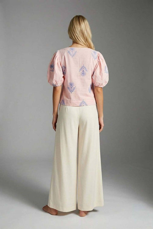 Azure Leaf Embroidered Top - Petal Pink Puff Sleeve Blouse