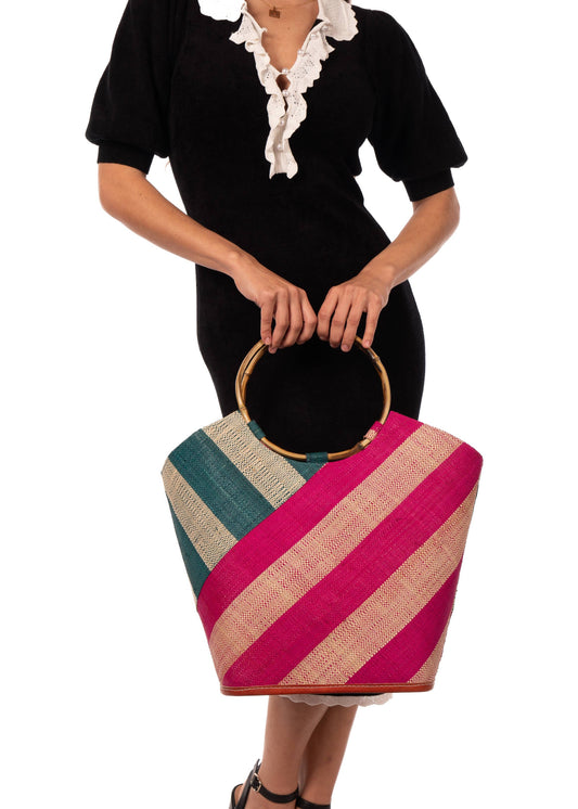 Carmen Wide Stripe Straw Bucket Bag: Fuchsia/Teal