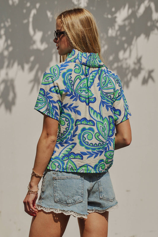 Retro Paisley Smocked V-Neck Blouse