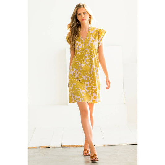 Flutter Sleeve Print Dress - Mustard Cotton Woven