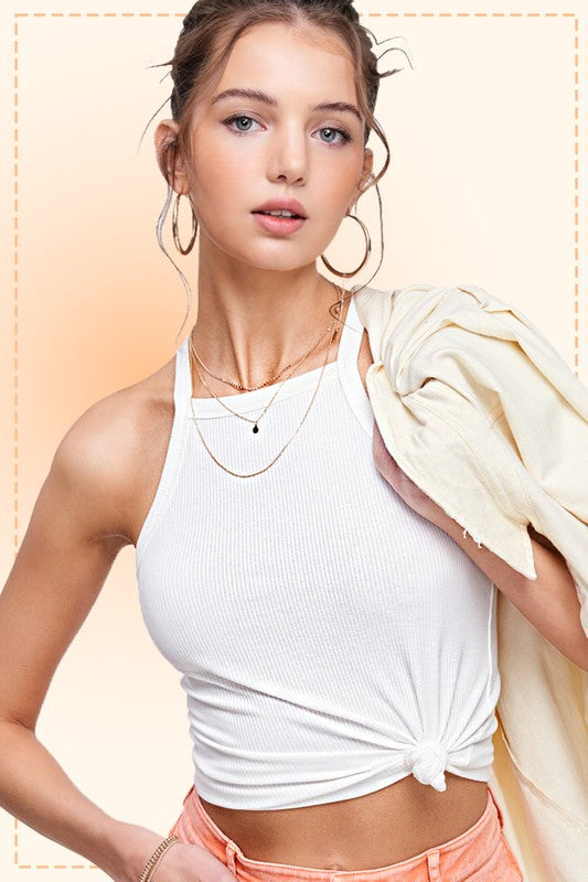 AMELIA HALTER NECK RIBBED FABRIC SLEEVELESS TOP - BLACK