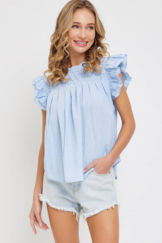 Lennox Sky Blue Smocked Ruffle Top