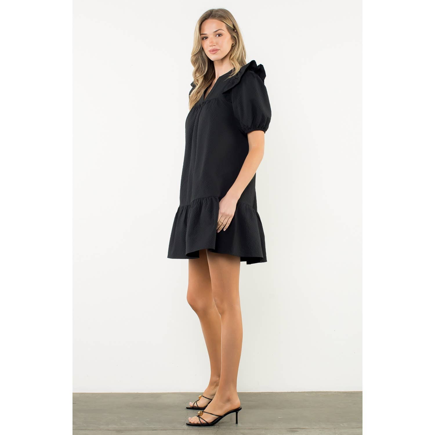 Leah Black Ruffle Shoulder Dress