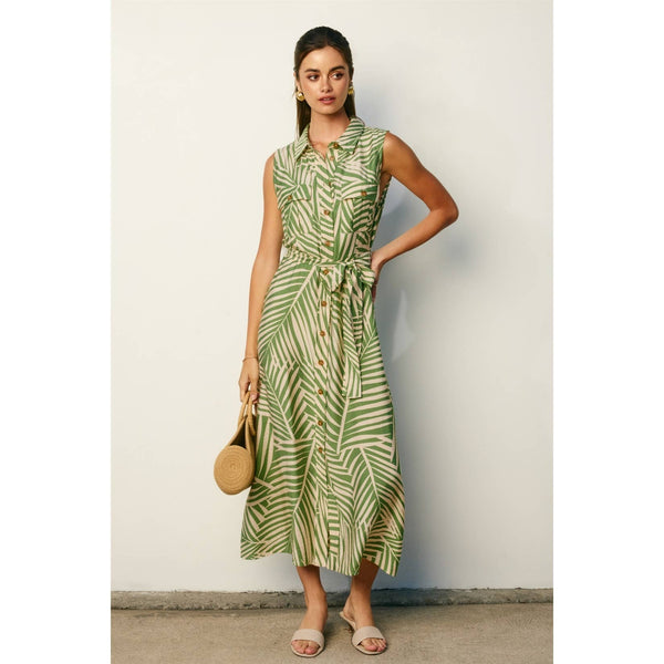 Wild Tides Sleeveless Shirt Dress: SAGE CREAM