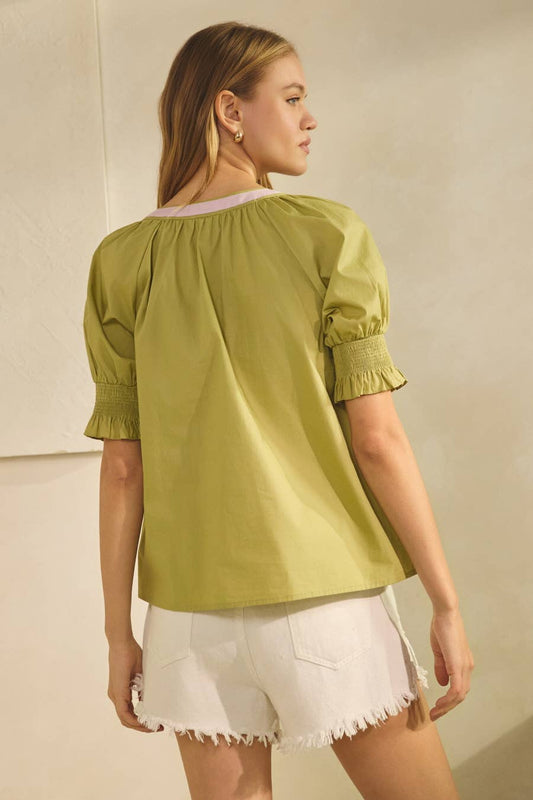 Basil Cotton Poplin Top  - Embroidered Puff Sleeve Split Neck