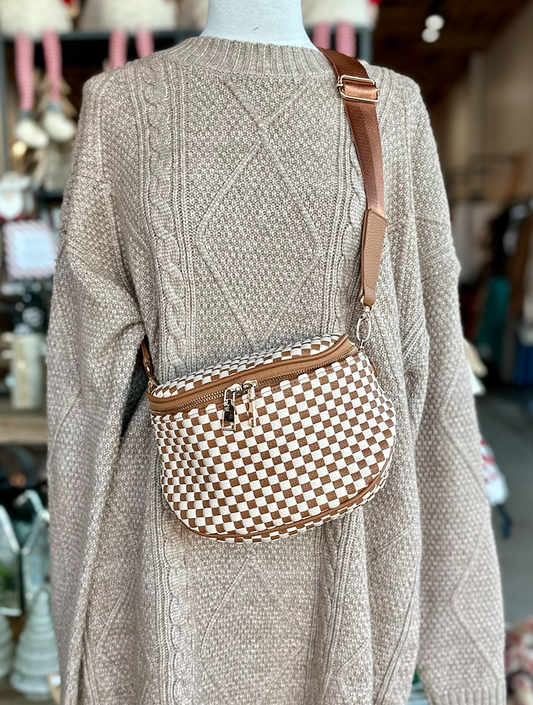 Birdie Saddle Checkered Crossbody Bag: Tan Checkered