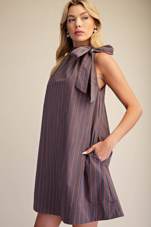 Stripe Mini Dress Ruffle Neck