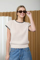 Textured Knit Contrast Trim Short Sleeve Sweater - Light Khaki