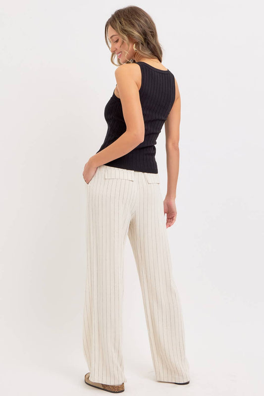 Linen Blend Striped Pull-On Pants - Oatmeal