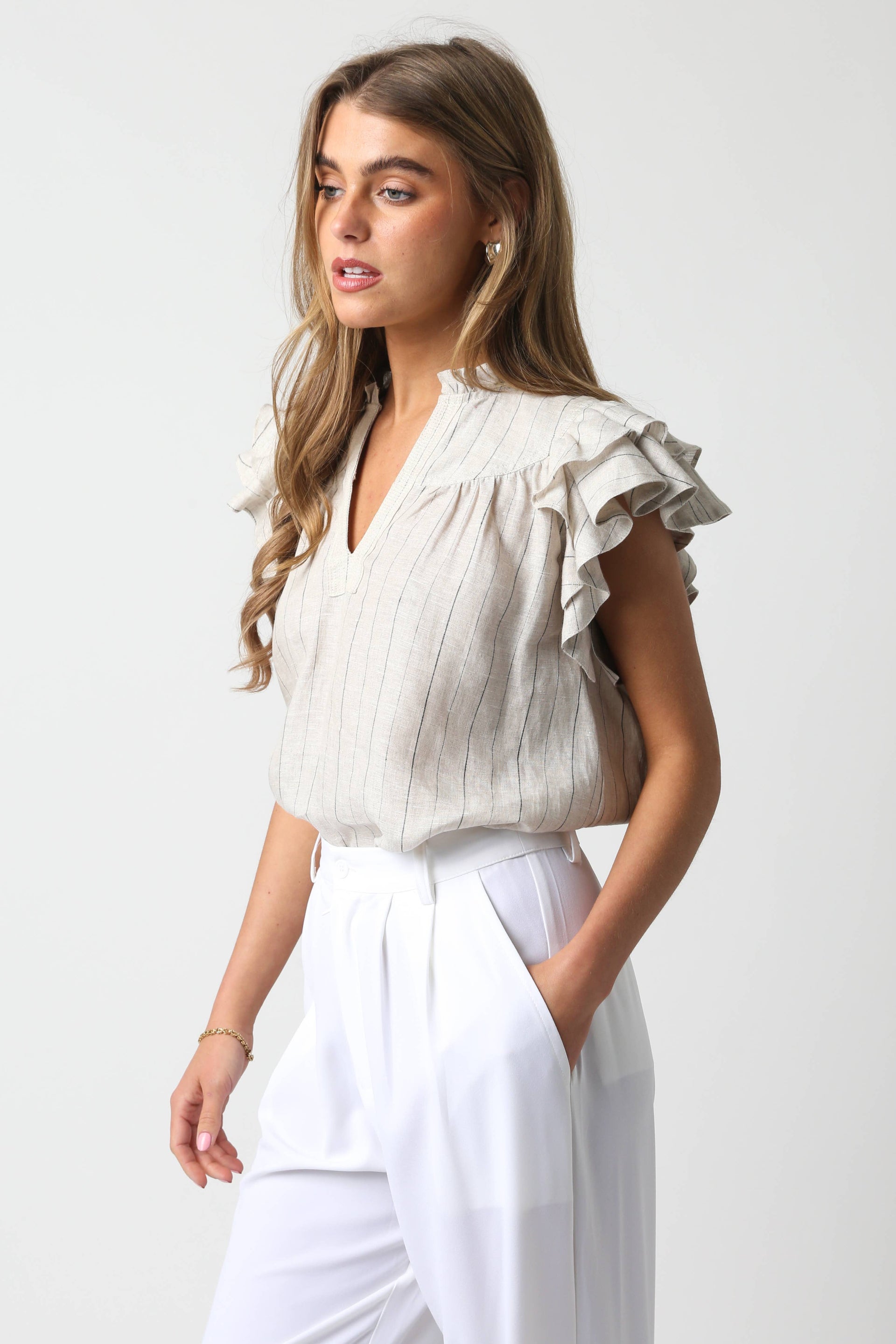 Bella Ruffle Sleeve Linen Blouse
