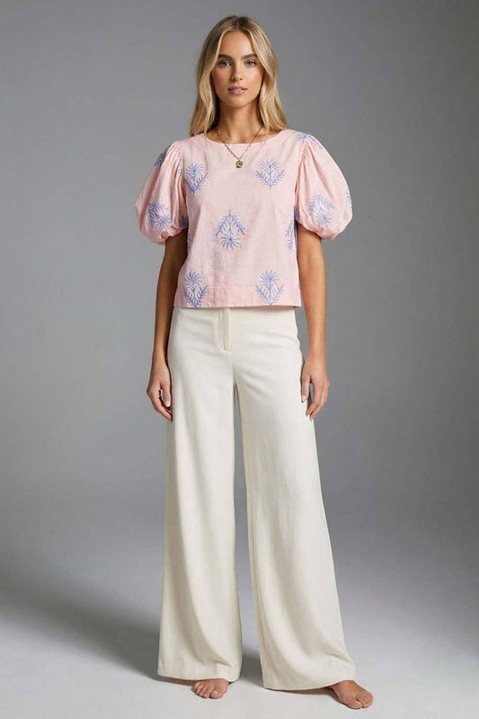 Azure Leaf Embroidered Top - Petal Pink Puff Sleeve Blouse