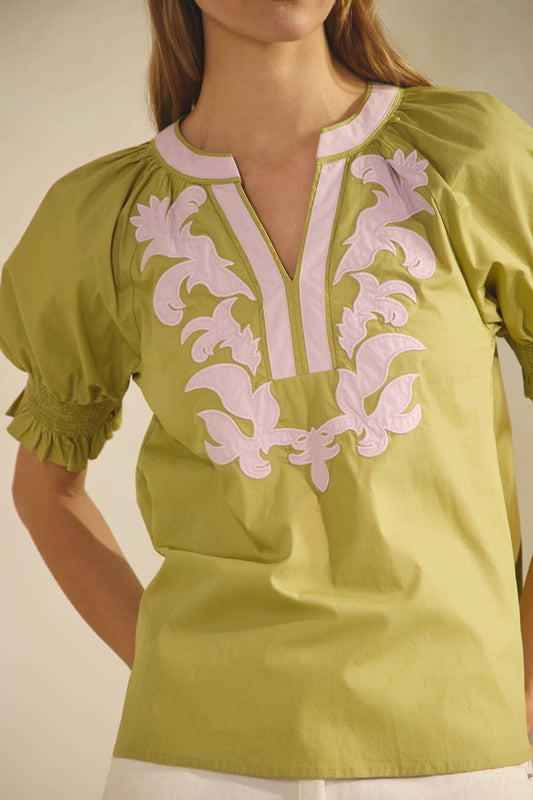 Basil Cotton Poplin Top  - Embroidered Puff Sleeve Split Neck