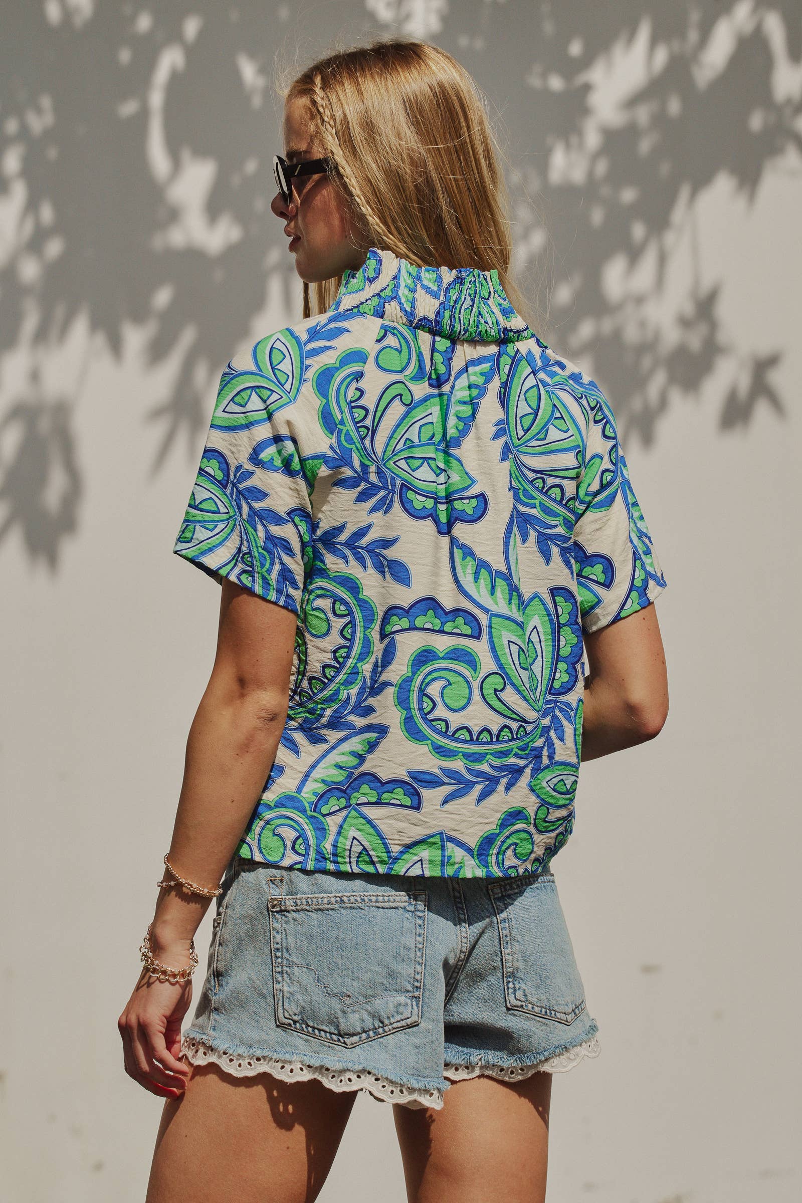 Retro Paisley Smocked V-Neck Blouse