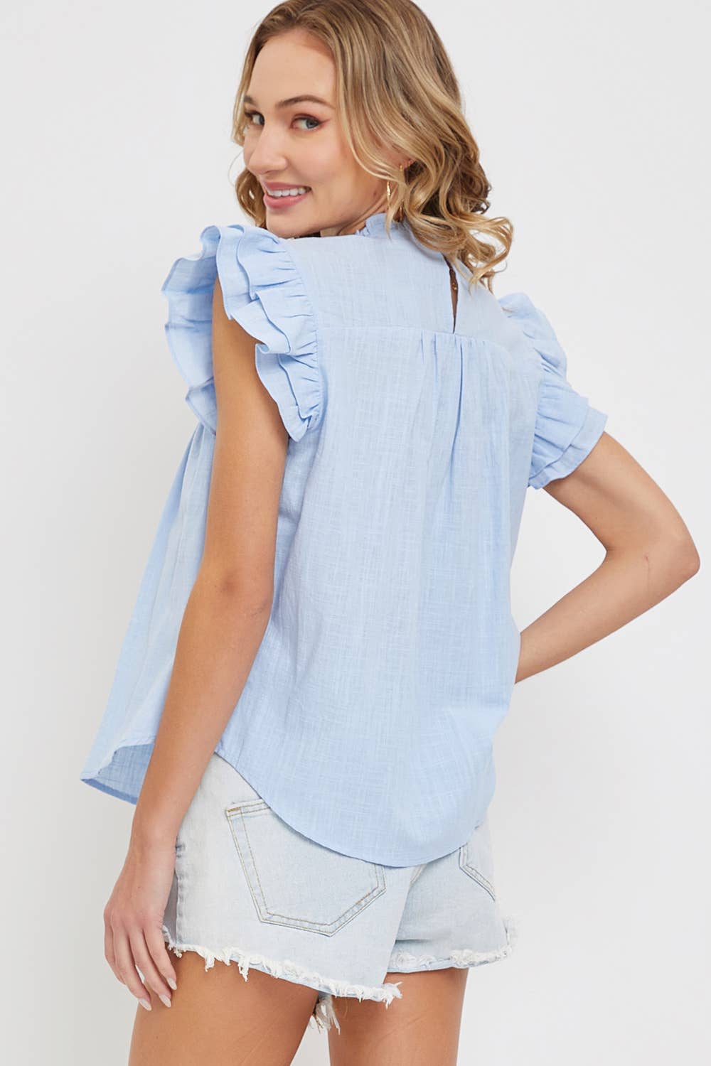 Lennox Sky Blue Smocked Ruffle Top