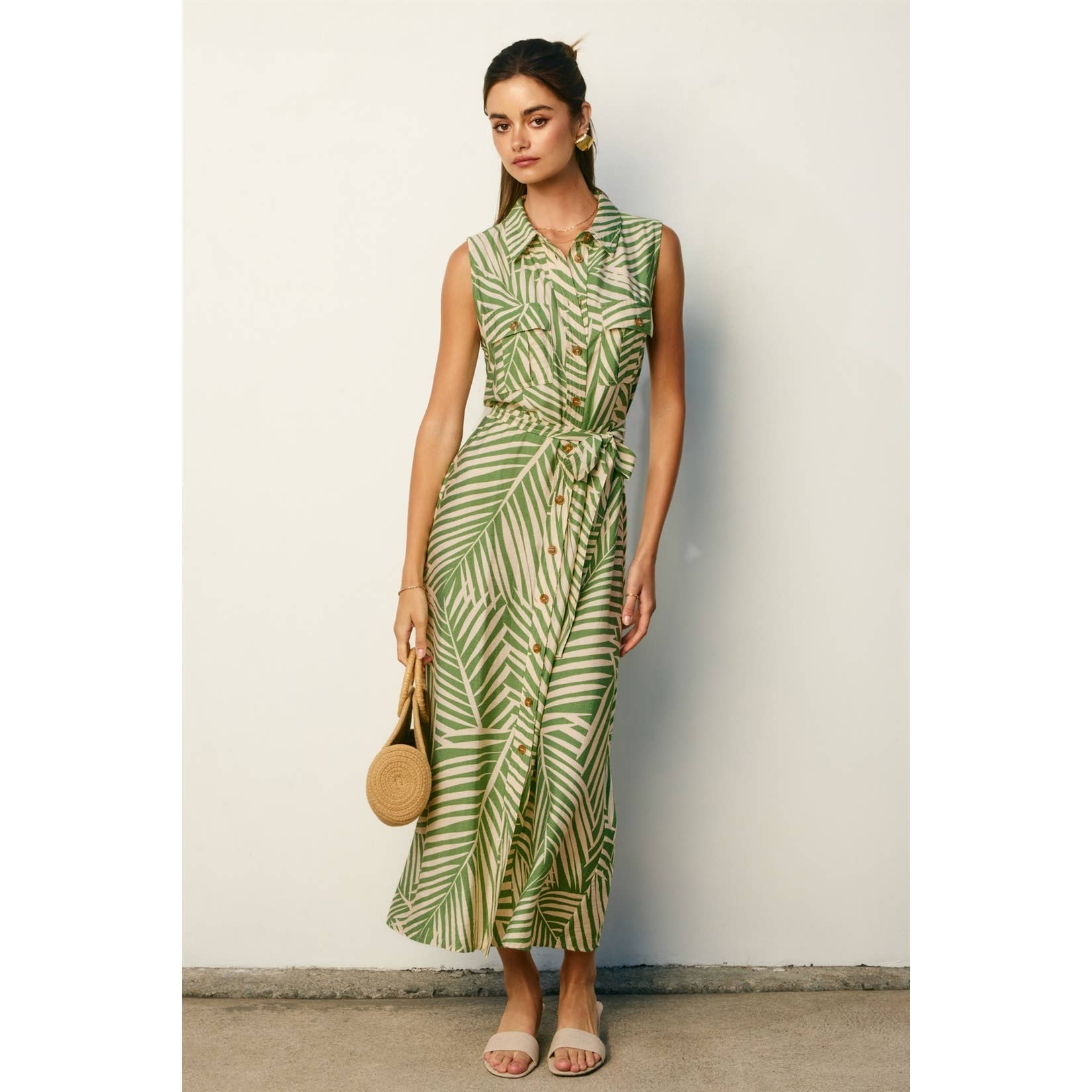 Wild Tides Sleeveless Shirt Dress: SAGE CREAM