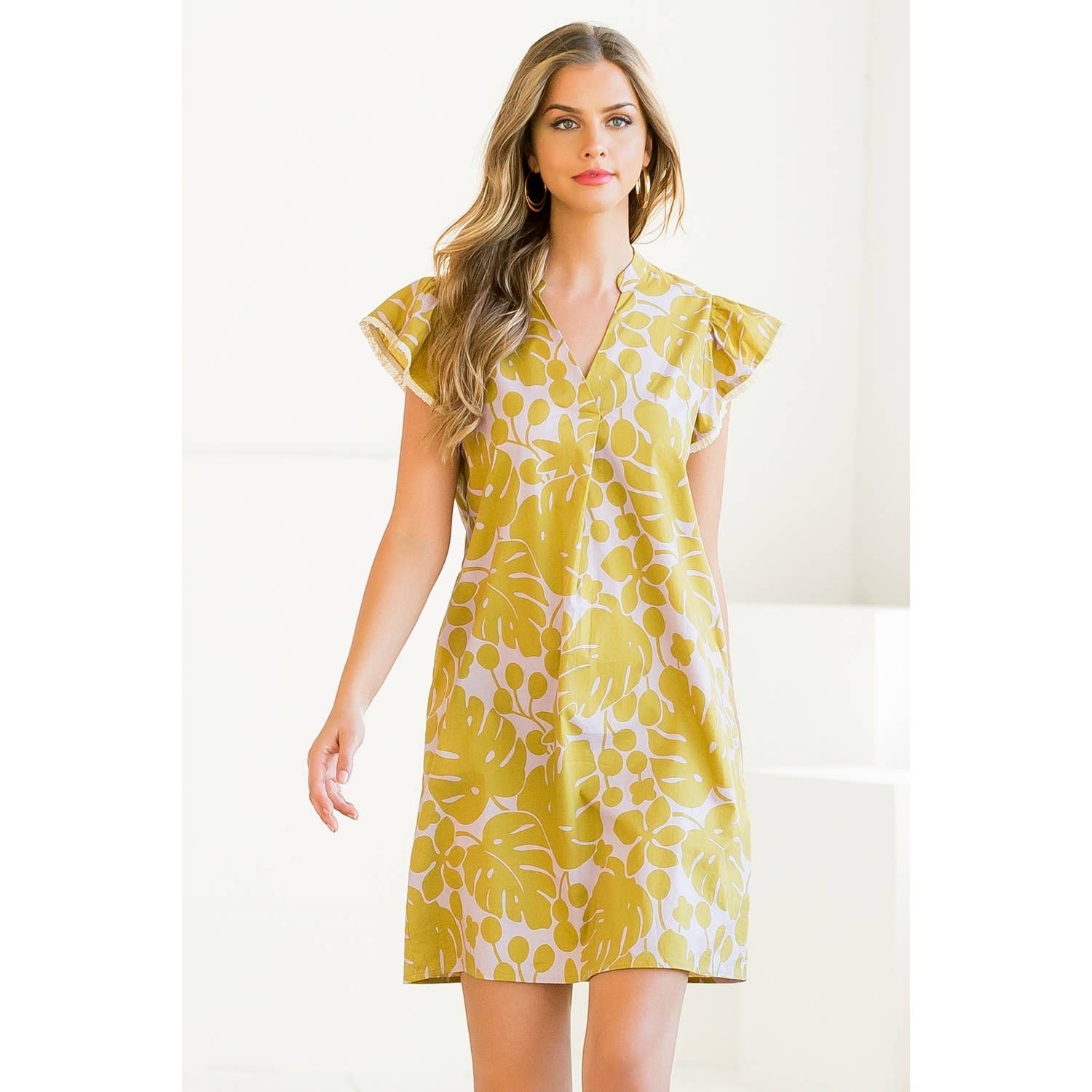 Flutter Sleeve Print Dress - Mustard Cotton Woven