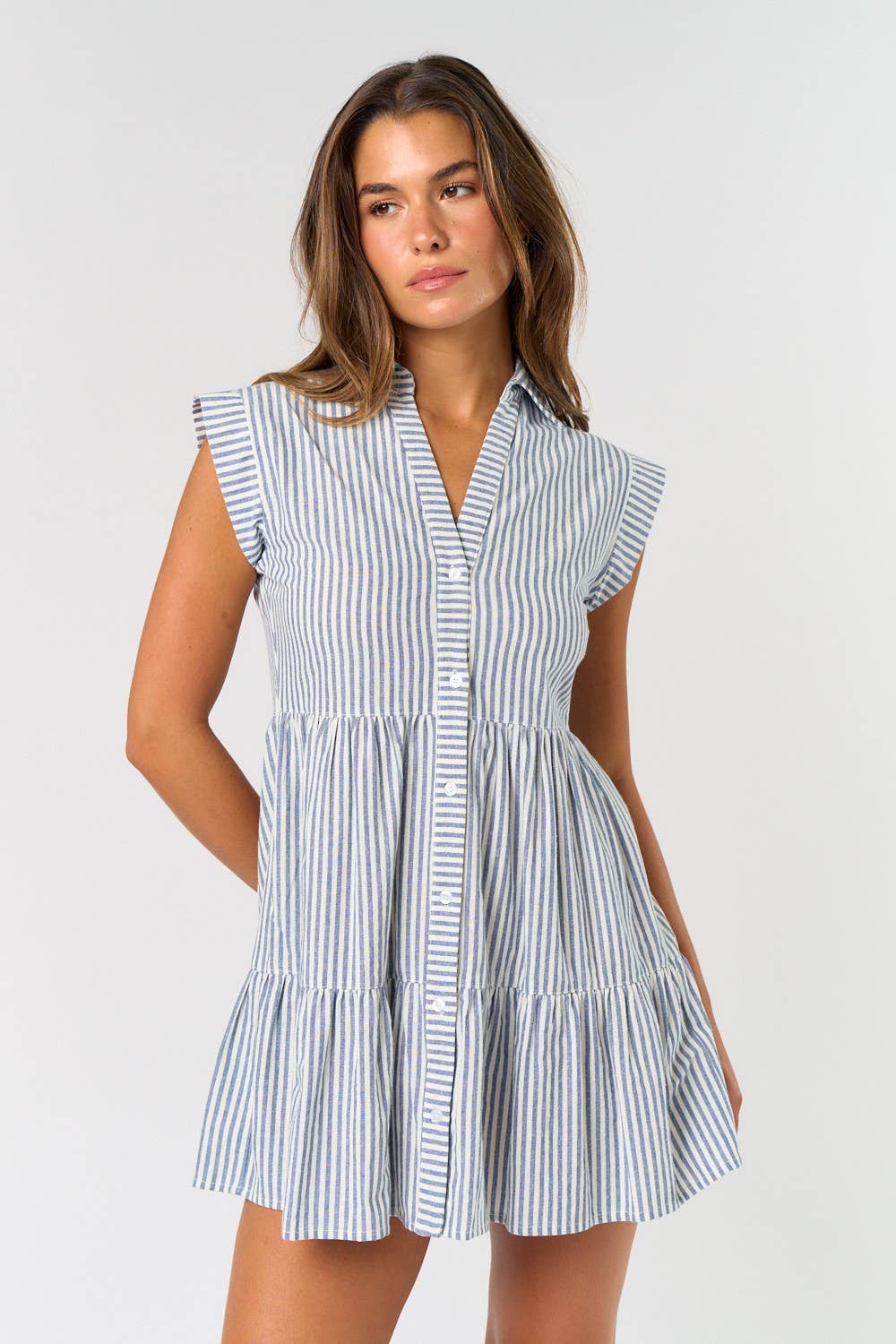REBECCA STRIPE BUTTON DOWN RUFFLE MINI DRESS