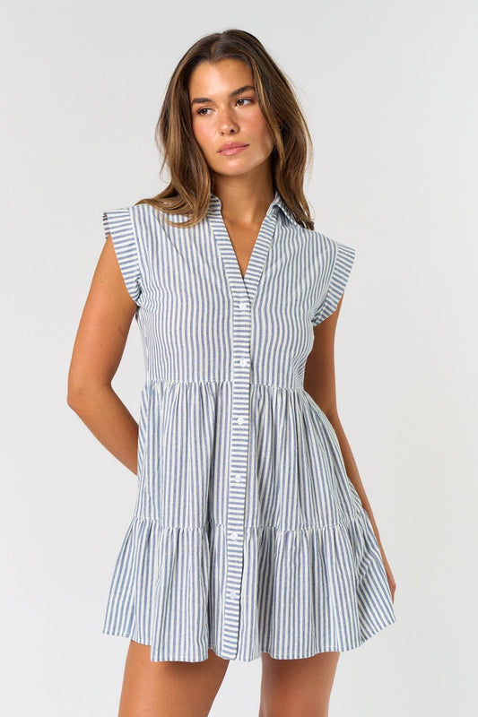 REBECCA STRIPE BUTTON DOWN RUFFLE MINI DRESS