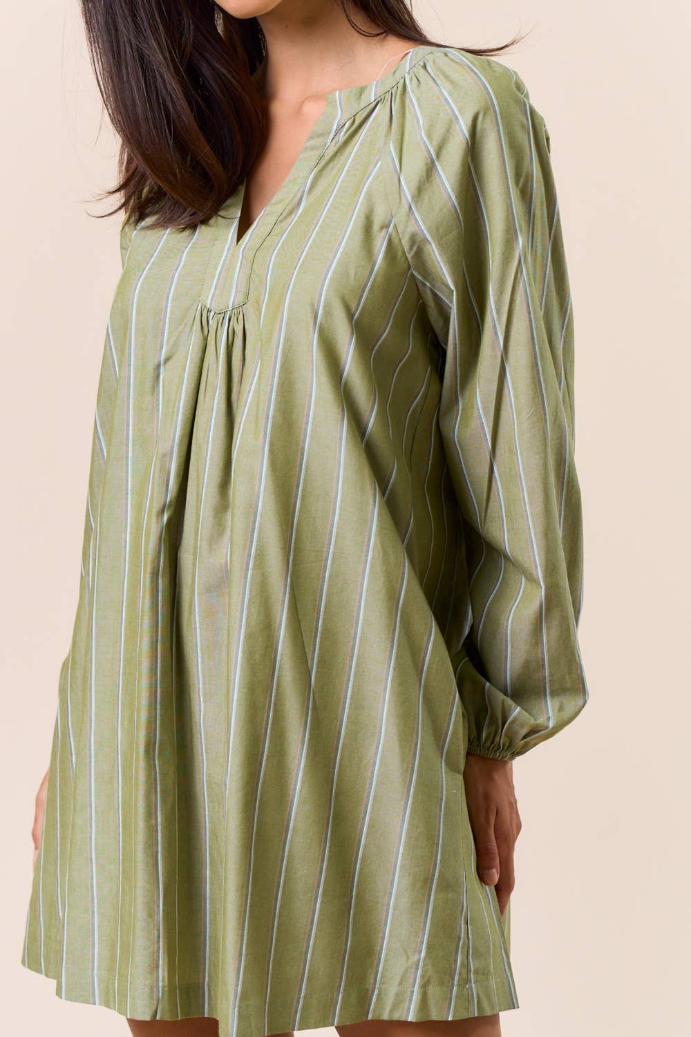 Olive Striped V-Neck Dress