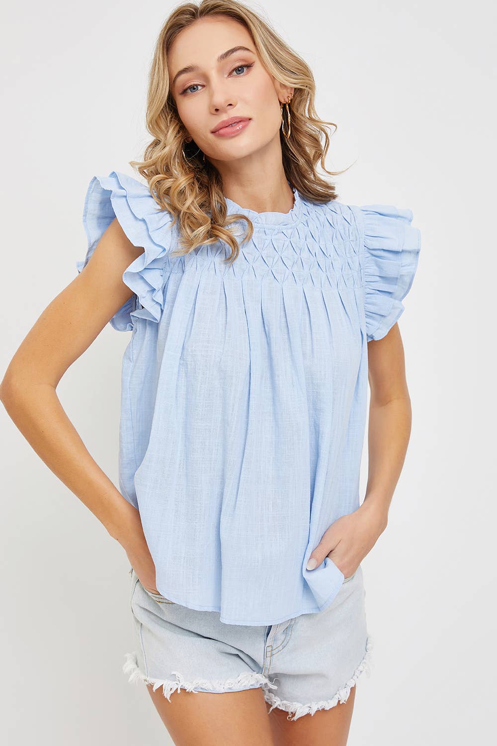 Lennox Sky Blue Smocked Ruffle Top