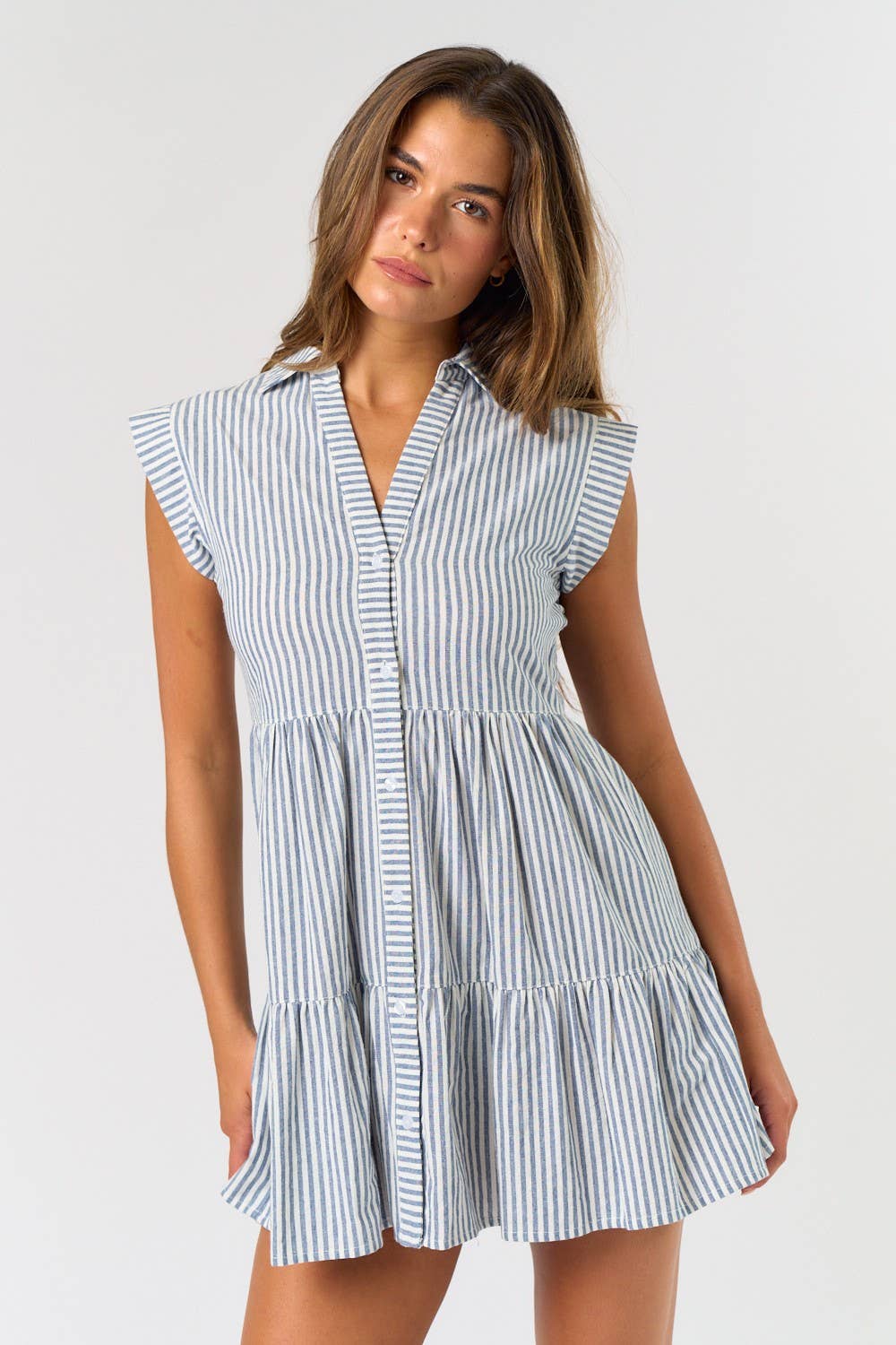 REBECCA STRIPE BUTTON DOWN RUFFLE MINI DRESS