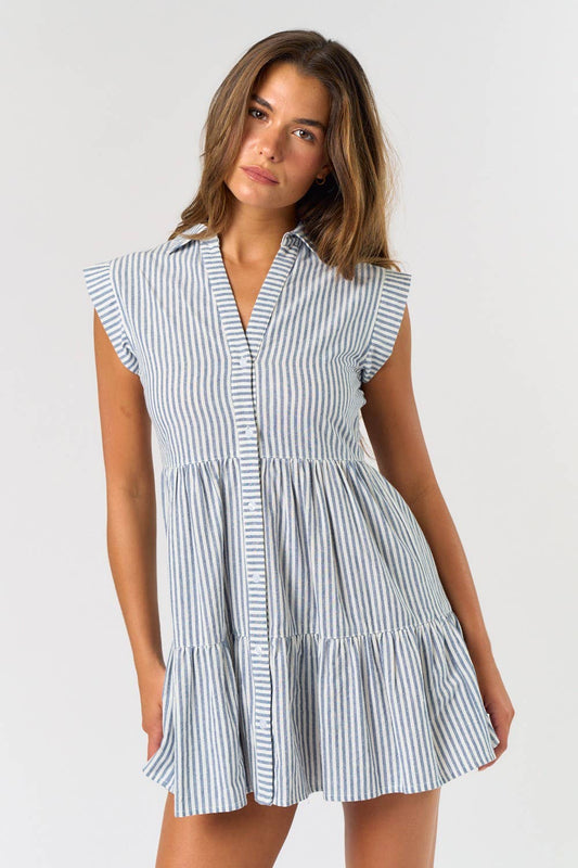 REBECCA STRIPE BUTTON DOWN RUFFLE MINI DRESS