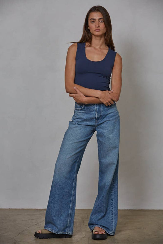 Double Layered Seamless Top - Prussian Blue Sleeveless Knit