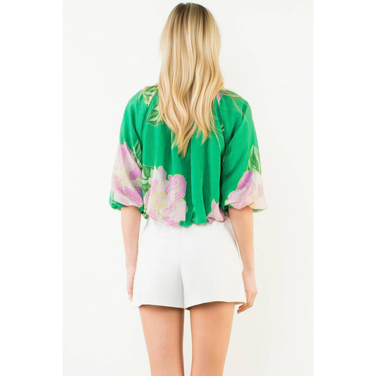 Floral Print Elastic Neck Bubble Top - Green Rayon Blend