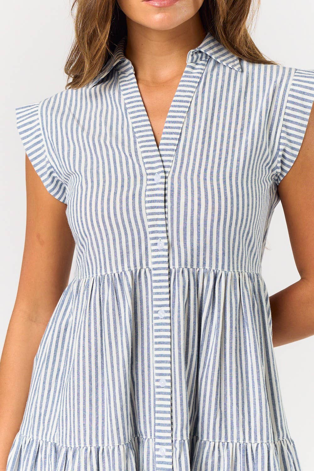 REBECCA STRIPE BUTTON DOWN RUFFLE MINI DRESS