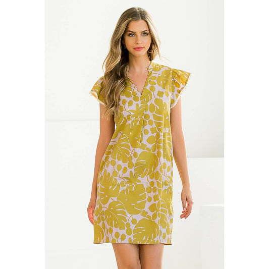 Flutter Sleeve Print Dress - Mustard Cotton Woven