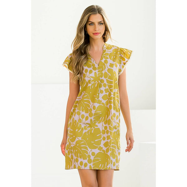 Flutter Sleeve Print Dress - Mustard Cotton Woven