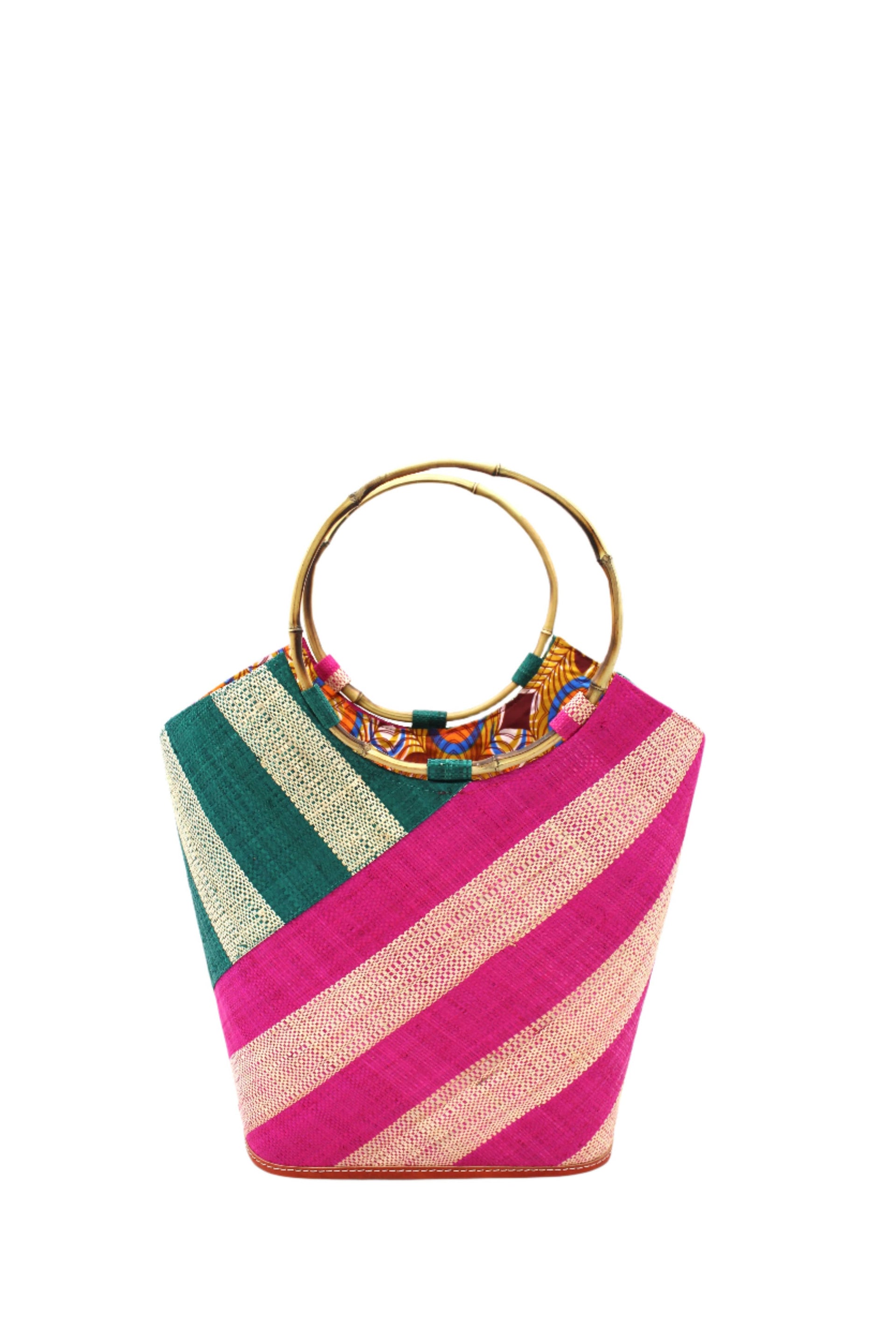 Carmen Wide Stripe Straw Bucket Bag: Fuchsia/Teal