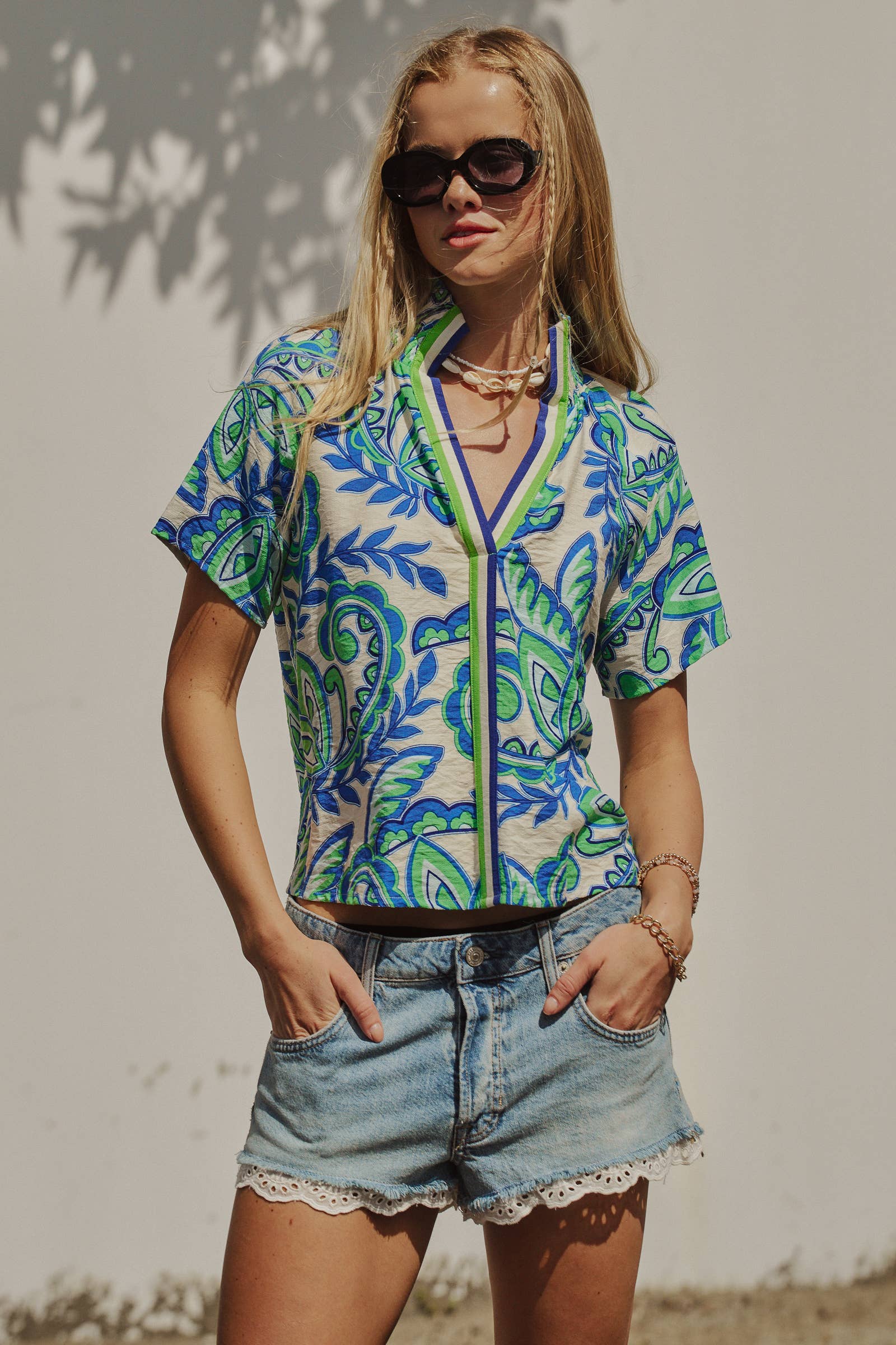 Retro Paisley Smocked V-Neck Blouse