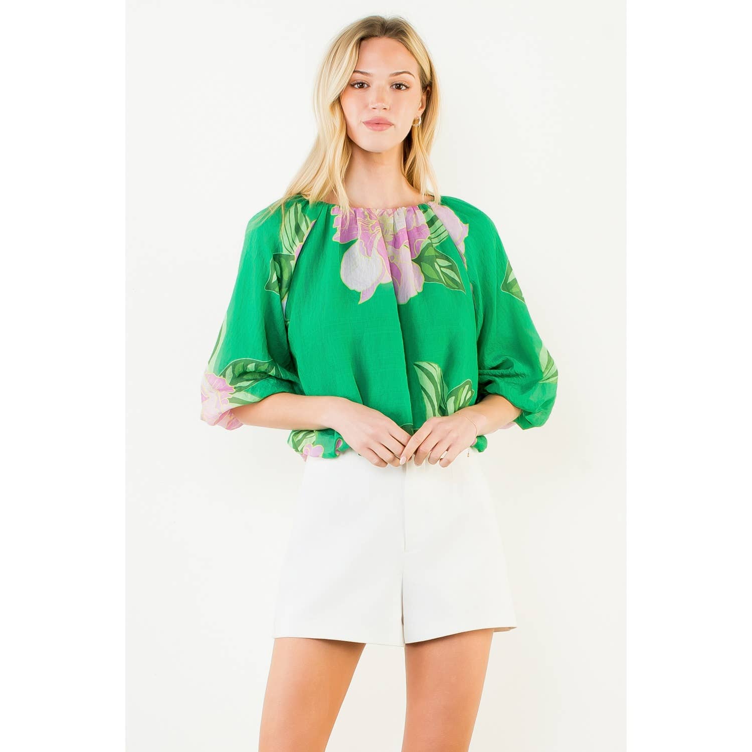 Floral Print Elastic Neck Bubble Top - Green Rayon Blend