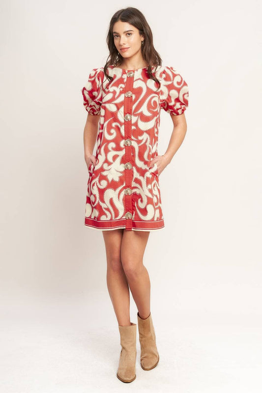 Printed Mini Dress - Red Ivory - Livie Style