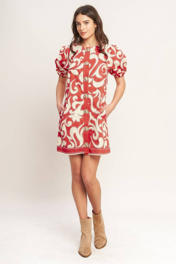 Printed Mini Dress - Red Ivory - Livie Style
