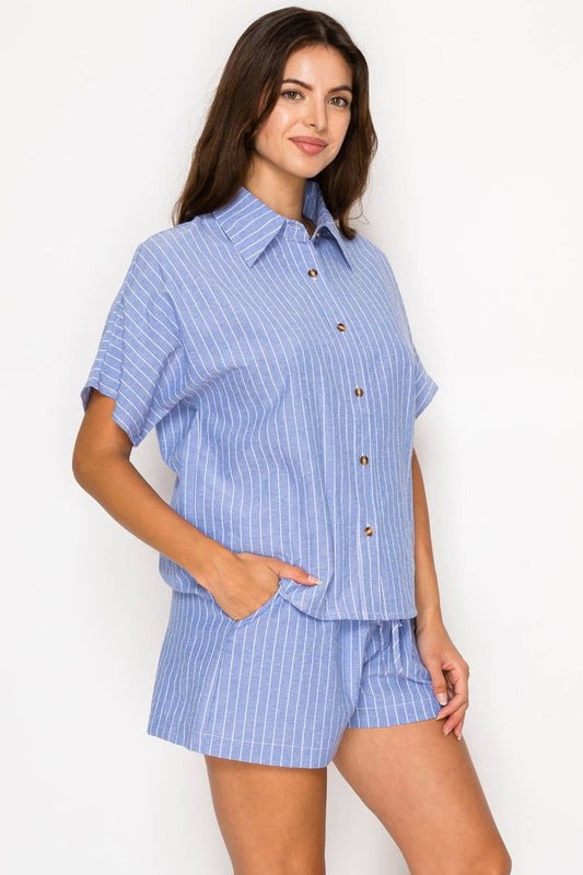 Nautical Stripe Set - Linen-Look Button Down & Shorts