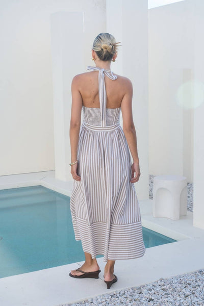 striped flounce maxi halter dress Vbvc Women's Striped Halter Maxi Dress,Ladies' Plunge Neck Smocked Waist Flowy Dress,Casual Cutout Waist Beach Sundress For Women,Gray,S-XL