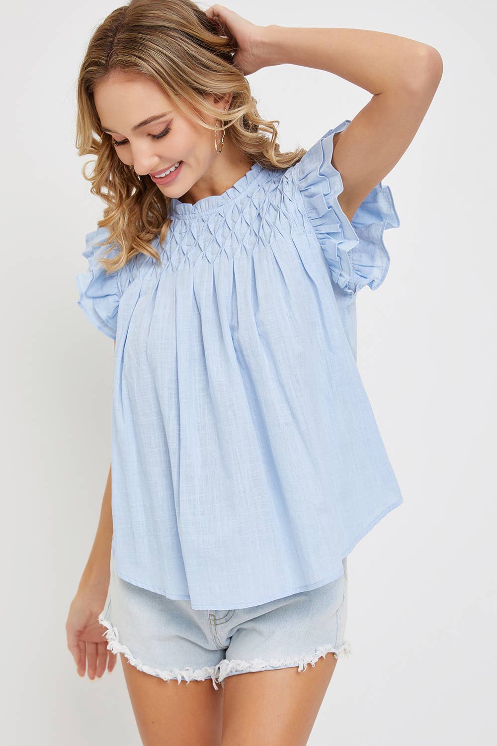Lennox Sky Blue Smocked Ruffle Top