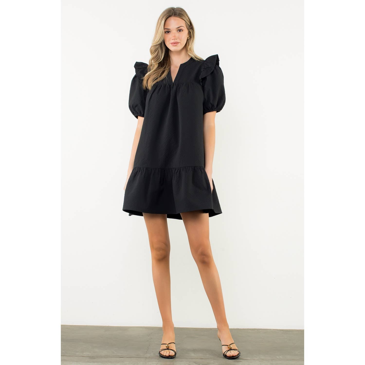 Leah Black Ruffle Shoulder Dress