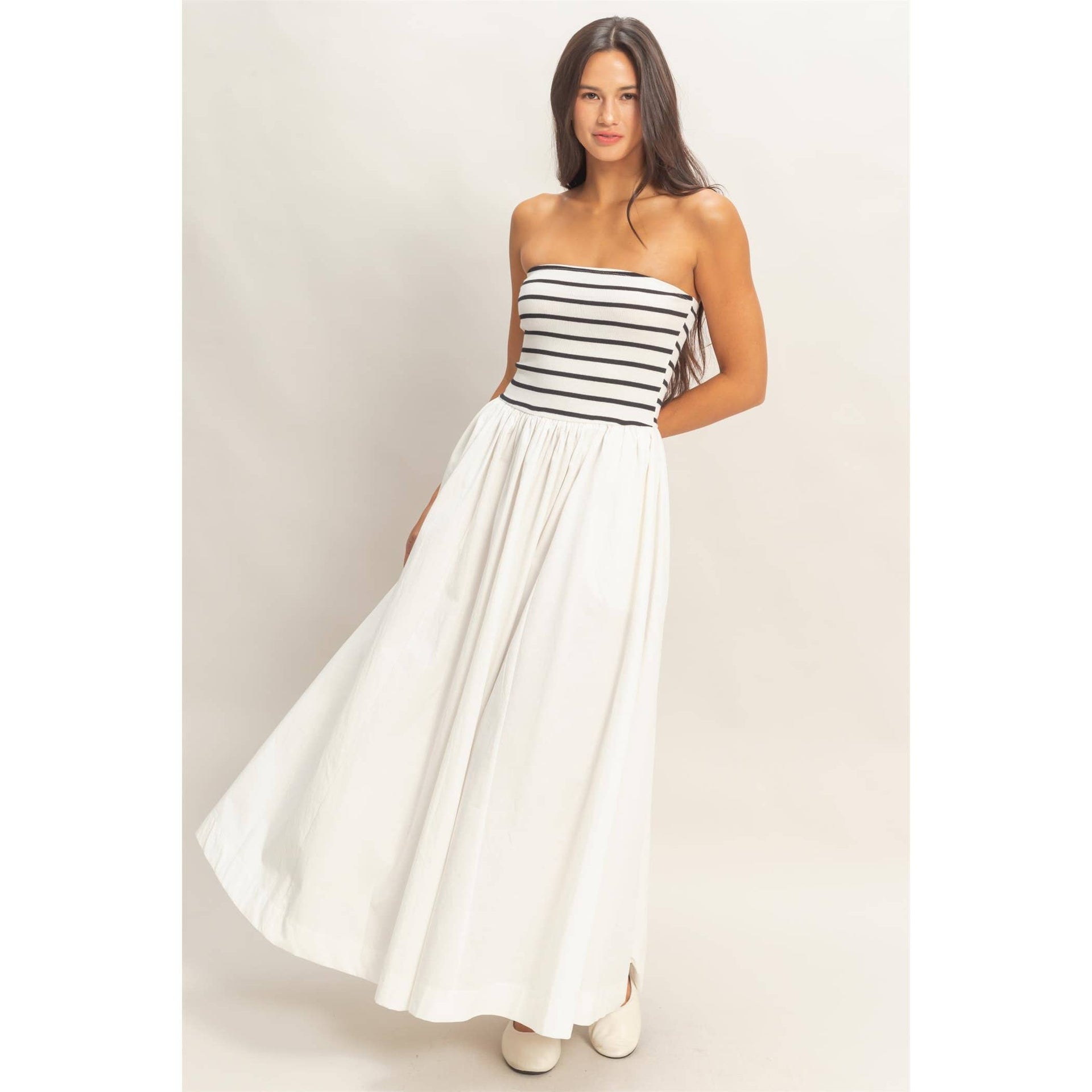 Striped Strapless Flowy Midi