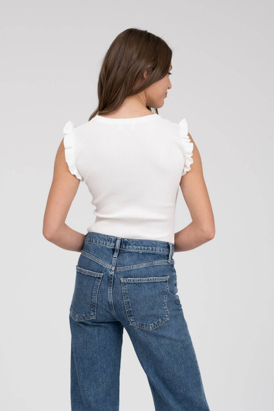 Ruffle Sleeveless Sweater Knit Top - White