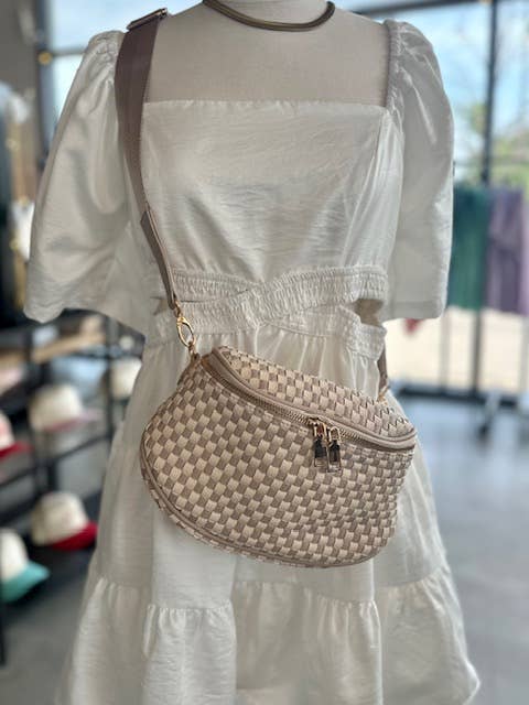 Birdie Saddle Checkered Crossbody Bag: Taupe Checkered
