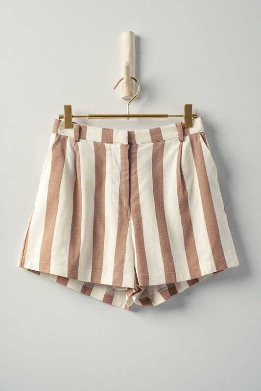 Briar Striped Elastic Waist Linen Shorts: BROWN