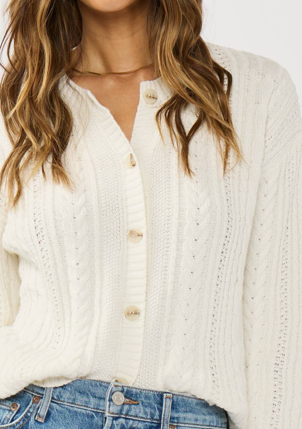 Classic Cable Knit Cardigan - White Crew Neck Button Front