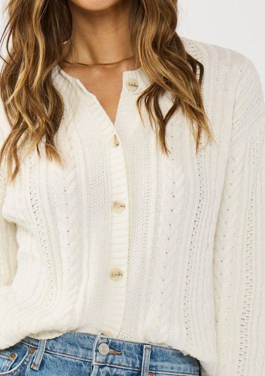 Classic Cable Knit Cardigan - White Crew Neck Button Front
