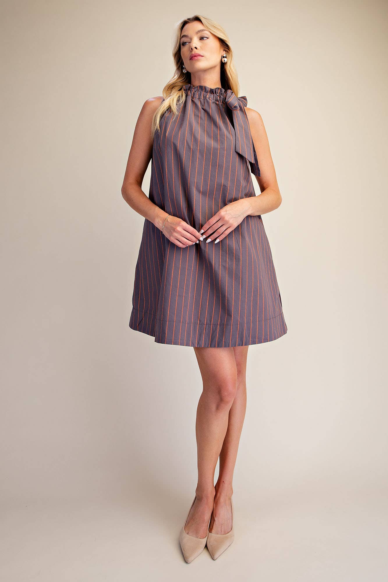 Stripe Mini Dress Ruffle Neck