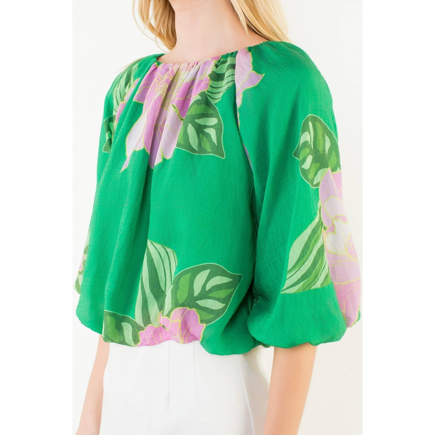 Floral Print Elastic Neck Bubble Top - Green Rayon Blend